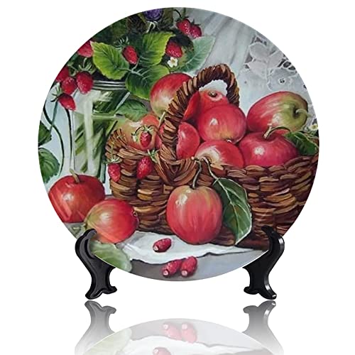 Still Life Fruit Apples and Strawberry Decorative Plate Wedding Gifts Art Decoration for Home Decor Porcelain Plates with Display Stand – 6 inches
