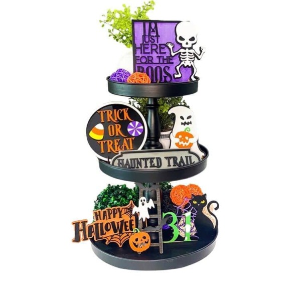 7 Pieces Halloween Tiered Tray Decorations, Happy Halloween Trick-or-Treat Ghosts Black Cats Wooden Signs Decor, Rustic Farmhouse Tray Sets for Kitchen Home Table Mini Decor Holiday Party Supplies