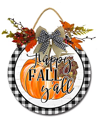 SLIYIYoo Happy Fall Y’all Sign Front Door Porch Decorations, Round Rustic Wood Hanging Sign for Farmhouse Porch Outdoor Home Holiday Front Door Sign Decor