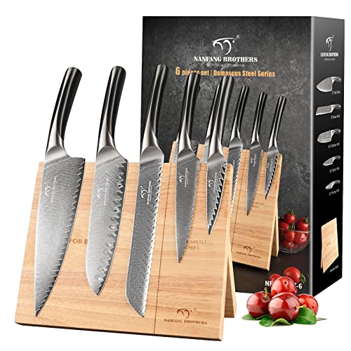 Damascus Kitchen Knife Set, NANFANG BROTHERS 6-Piece Damascus Steel VG10 Kitchen Knife Set with Wood Magnetic Knife Holder Block Professional Chef’s Knife with Sharp Blades and ABS Ergonomic Handle