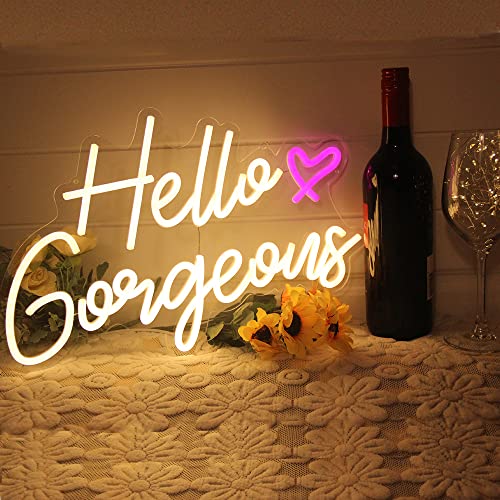 DAKABUKA Hello Gorgeous Neon Sign Hello Beautiful Warm White LED Neon Lights for Home Wedding Birthday Backdrop Bacelorette Party Wth Dimmable Switch(5V,16.5X10.6inches)