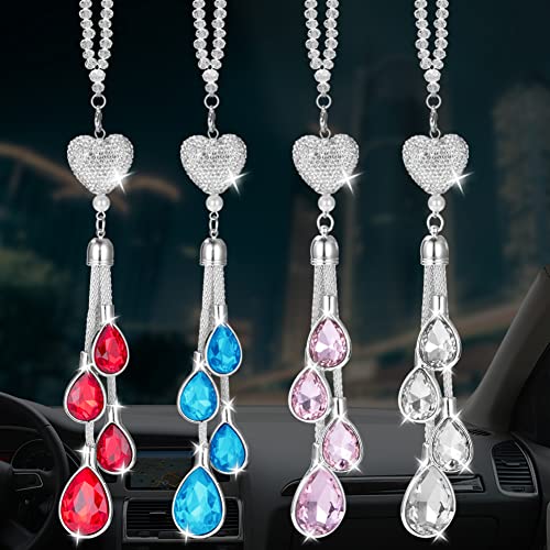 ShiningLove Bling Crystal Car Accessories for Women 4pcs Car Ornaments for Rear View Mirror Fashion Heart Diamond Lucky Interior Hanging Accessories for Car Home Party Gift (White+Pink+red+Lake Blue)