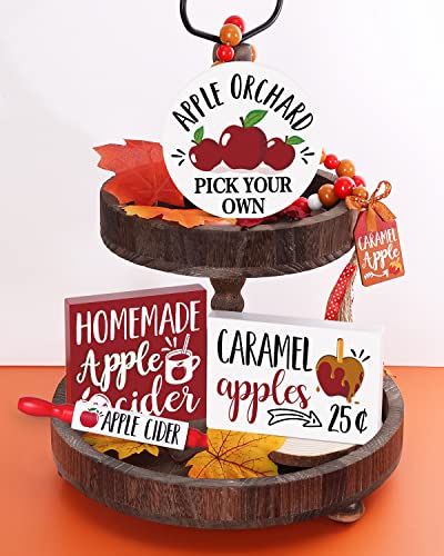 Apple Tiered Tray Signs Decor Fall Wooden Caramel Apples Cider Wood Bead Garland Rolling Pin Autumn Red Buffalo Plaid Decor for Harvest Holiday Set of 5