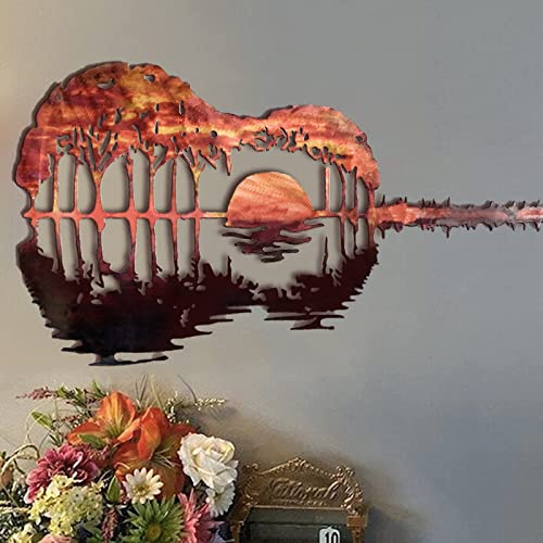 Caseree 39” Modern Music Decor Metal Guitar Wall Art Iron Sunset Sign Decorations for Home Bedroom Living Room Studio Garden Gift for Musician Music Lovers Guitar Player(Orange)-valentines day