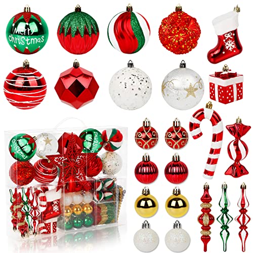 OurWarm 106pcs Christmas Tree Ornaments Giant Christmas Balls Ornaments Set, Red Green Gold Shatterproof Plastic Christmas Ball with Hand-held Package for Holiday Hanging Tree Decorations Multicolor