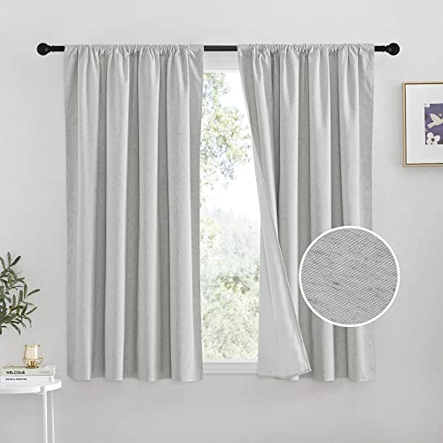RYB HOME Linen Texture Curtains for Living Room, 100% Blackout Curtains Natural Linen Blended Thermal Insulated Window Coverings for Bedroom Home Office Studio, Silver Grey, W52 x L63 inch, 2 Panels