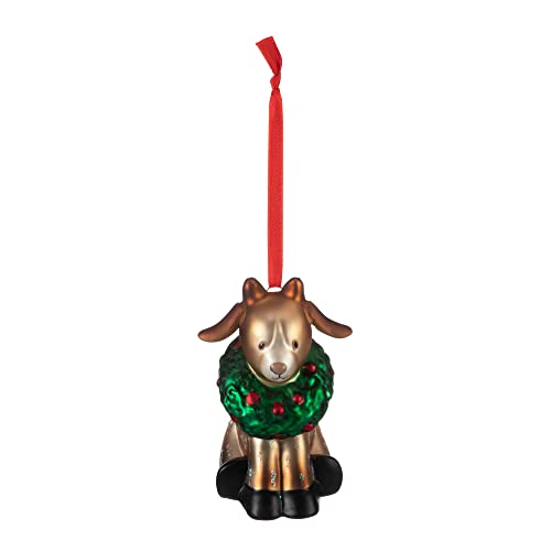 DEMDACO Golden Goat Wearing Christmas Wreath 2.5 x 4.5 Blown Glass Christmas Ornament