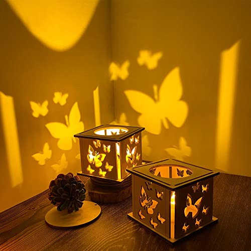 Butterfly Projector Wood Candle Lantern Decorative-2PCS Small Lanterns for Decoration Home, Vintage Distressed Led Candle Holder for Best Friend，Rustic Mini Lanterns Decor for Wedding-About 3 inch