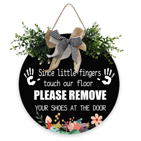 Front Porch Door Since Little Fingers Touch Our Floor Sign Leave Your Shoes at The Door Wood Plaque with Buffalo Check Plaid Bow,Shoes Off Hanging Sign for All Seasons,Farmhouse Home Decoration (12 x 12 Inches)