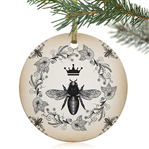 Ceramic 2022 Christmas Ornament 3″ Round Xmas Tree Hanging Accessories Vintage Sketch Floral and Queen Bee Double-Sided Printed Ornaments for Holiday Party Gfit Box Home Decor Rustic Wreath Bee Art