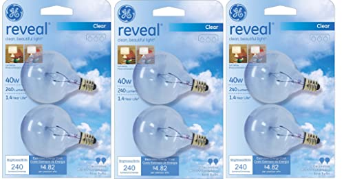 (6 Bulbs) GE 48704 Reveal 40 watt G16.5, Clear, Candelabra Base, Globe Light Bulb, Clean Beautiful Light