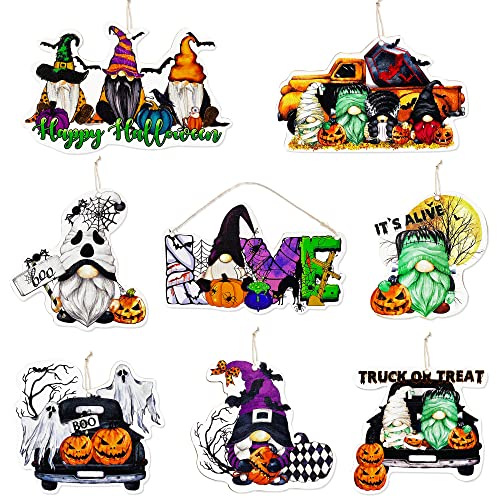 16Pcs Happy Halloween Tree Ornaments Gnome Witches Ghost Pumpkin Truck or Treat Boo Love Sign Hanging Wooden Ornaments Pendant Garland Banner for Halloween Holiday Tree Home Party Decorations Supplies
