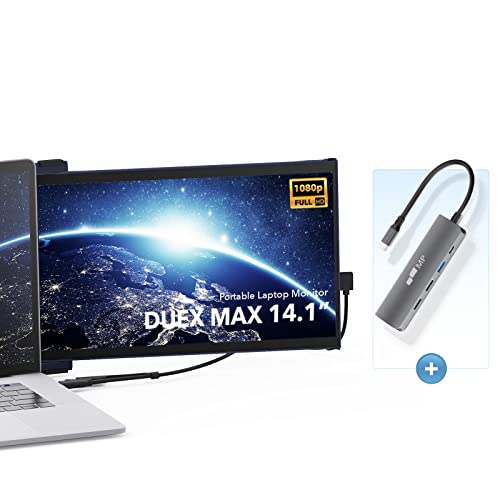 Mobile Pixels Duex Max Portable Monitor with 5-in-1 USB C Hub, 14.1″ FHD Laptop Screen Extender, USB A/USB C Plug and Play Auto Rotated, (1*Set Sail Blue Duex Max and 1* USB C Hub)