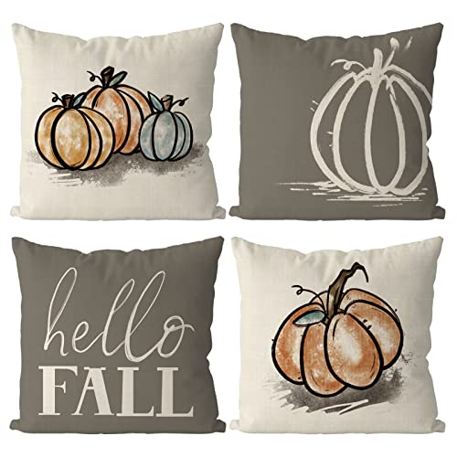 Fall Pillow Covers 18×18 Inch Pumpkins Grey Autumn Harvest Hello Fall Throw Pillowcase Holiday Home Decor Sofa Bedroom Cushion Case Outdoor Indoor Decorations Set of 4