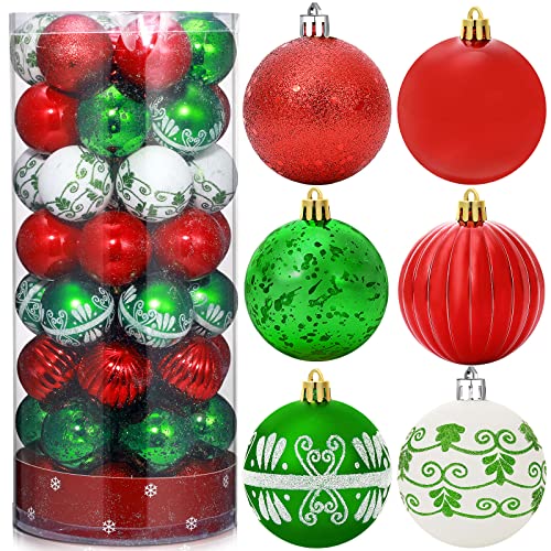 50 Pcs Christmas Balls Ornaments Christmas Tree Decorations Colored Glitter Xmas Balls Plastic Ornament Balls Xmas Tree Decorative Hanging Ornaments with Gift Box, 2.36 Inch/ 6 cm(Red, Green, White)