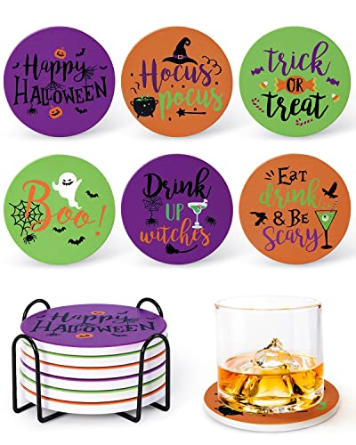 6Pcs Halloween Drink Coasters with Holder Absorbent Ceramic Coasters Cute Holiday Coasters with Cork Base for Tabletop Protection Round Cup Mat Fun Gift Idea
