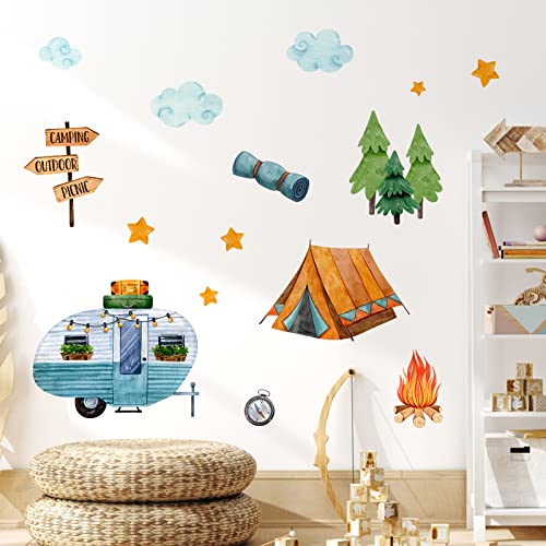 Yovkky Camping Tent Camper Kids Room Wall Decals Stickers, Neutral Outdoor Picnic RV Bonfire Nursery Playroom Decor, Pine Trees Cloud Stars Girls Boys Bedroom Home Classroom Decorations Art
