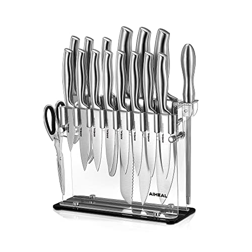 Aiheal Knife Set,17 Pieces Stainless Steel Kitchen Knife Set with Clear Acrylic Knife Stand, Super Sharp knives in One Piece Design