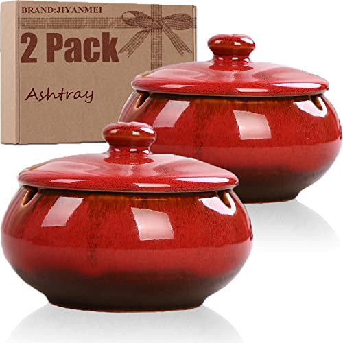2 Pcs Ceramic Ashtray with Lids Windproof,4.3″ Ashtray for Cigarettes Indoor Outdoor Decor, 3 Ash Holders for Smokers Ash Tray Home,Desktop,Office,Table, Patio, Bar, KTV, Men Gifts