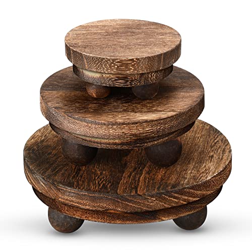 3 Pieces Wood Risers for Decor Wood Pedestal Mini Riser Stand Round Wooden Riser Rustic Farmhouse Riser for Decor Tiered Tray Decor Riser for Home Kitchen (Brown, 5/4/3 Inch)