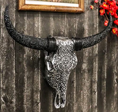 Ebros Gift Silver and Black Tribal Floral Vines Tooled Steer Bison Bull Cow Skull Head with Horns Wall Mount Decor Artistic Replica Native Animal Bust Skulls Hanging Mounted Plaque Sculpture