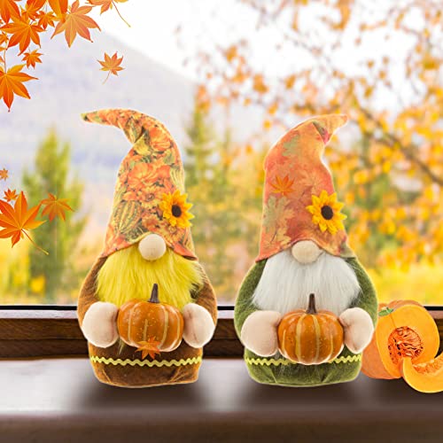 Duogege Fall Thanksgiving Gnomes Plush Decorations Set of 2 Pieces Handmade Gnome Elf Doll, Hold Pumpkin Scandinavian Ornament for Decor Home Table Tiered Tray Swedish Ornaments Gift