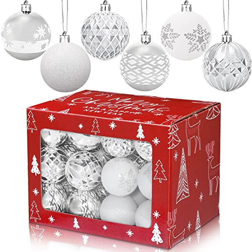 36 Pcs Christmas Ball Ornaments Bulk Christmas Tree Decoration Set 2.76 Inch Plastic Hanging Xmas Balls with Gift Box for Xmas Tree Wreath Garland Holiday Indoor Outdoor Home Decor (Silver, White)