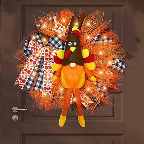 Thanksgiving Wreath Decorations, 18 Inch Turkey Gnome Wreaths with LED Lights for Front Door Farmhouse, Battery Operated Burlap Wreath with Fall Gnome for Autumn Harvest Thanksgiving Decorations
