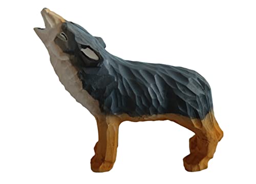 Hand Carved Wooden Wolf Figurines, Wolf Forest Animals Statues Wolf Decorative Statue Figurine for Desk Shelf Decoration (A)