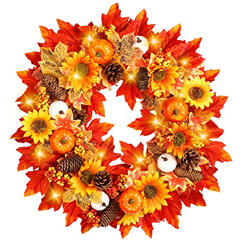 OurWarm 22″ Fall Wreath for Front Door Outside, Autumn Pumpkin Maples Leaf Wreath with 30 LED Lights 8 Modes, Pre-Lit Artificial Fall Door Wreath for Fall Thanksgiving Home Decor