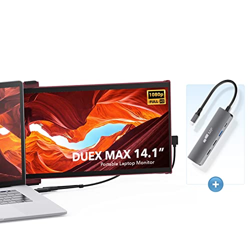 Mobile Pixels Duex Max Portable Monitor with 5-in-1 USB C Hub, 14.1″ FHD Laptop Screen Extender, USB A/USB C Plug and Play Auto Rotated, (1*Rio Rouge Duex Max and 1*USB C Hub)
