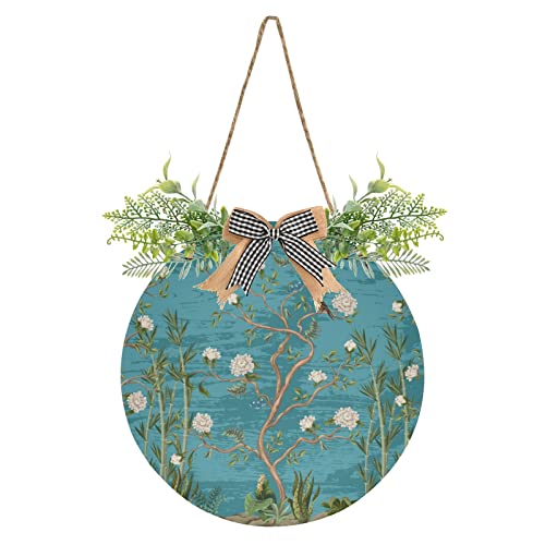 Peonies Bamboo Bird Door Wreaths for Front Door Outside, Chinoiserie Trees Blue Round Hanging Signs for Home Decor Holiday Porch Wall Farmhouse Indoor Outdoor Decorations