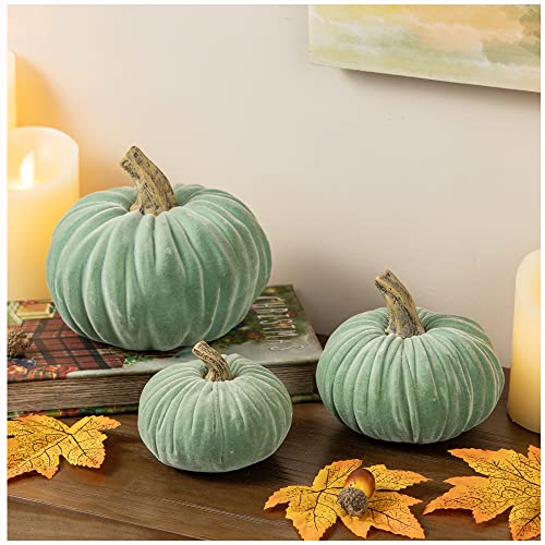 glitzhome 3 Pcs Mint Green Velvet Pumpkins, Rustic Centerpiece Accent Artificial Resin Pumpkins for Fall Table Home Decor