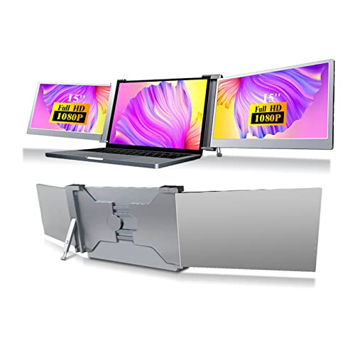 Triple Portable Monitor, 15 Inch Laptop Monitor Screen Extender for Laptop, Dual Monitor Extender, Full HD IPS Display, Support Windows/MAC System, Type-C/HDMI Port, Work with 15”-17” Laptops (Grey)