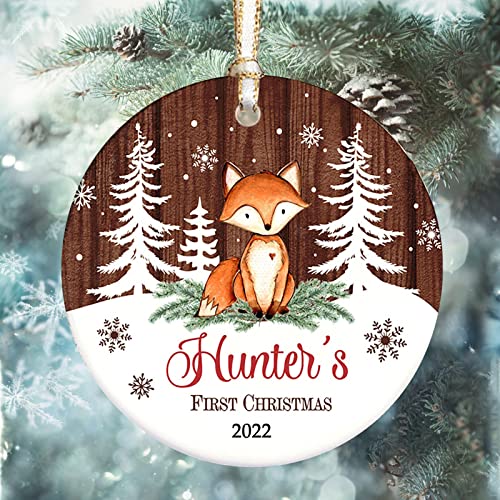 Zronze Baby’s First Christmas Ornament, Personalized Woodland Fox and Snowflakes