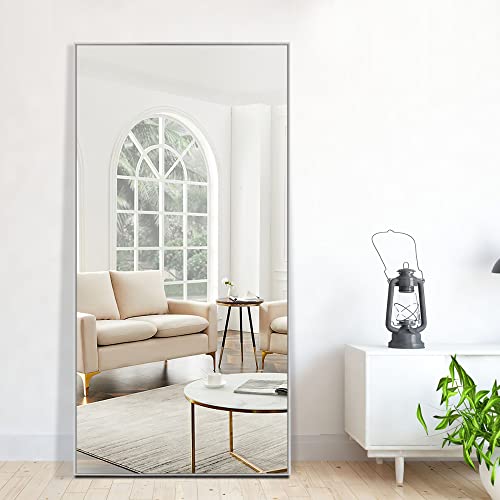 NeuType 47″ X 22″ Full Length Mirror Full Body Mirror Aluminum Alloy Thin Frame Floor Mirror Large Wall Mirror Dressing Mirror Hanging or Leaning Against Wall Bedroom Mirror Silver (no Stand)