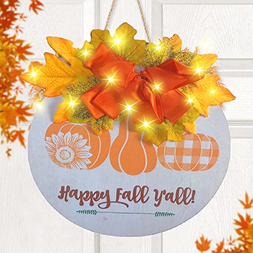 Fall Wreaths for Front Door, 12 Inch Hello Fall Wooden Sign with LED String Lights, Rustic Farmhouse Hanging Door Sign, Fall Decorations for Front Door Home Window Wall Porch