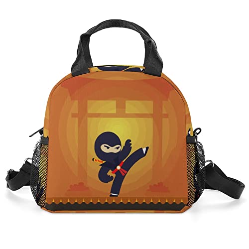 School Lunch Bags for Boys Girls Printed Meal Bags Women Insulated Lunch Tote Bags for Work Hiking Ninja Samurai Brown