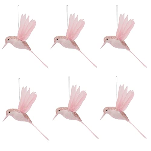 ZWMBYN 6 Pcs Flying Hummingbird Hanging Ornaments, Artificial Glitter Foam Pink Feathered Birds for Christmas Tree Decoration, Simulation Hummingbird Figures for Home Party Wedding Decor, Light Pink