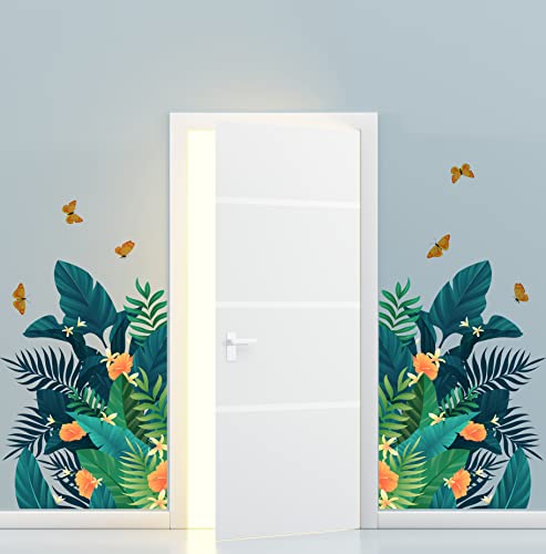 Tropical Green Plant Flower with Butterfly Wall Decals,Nature Palm Tree Leaf Plants Wall Sticker,Removable Stickers for Door Living Room Bedroom Wall Art Decor