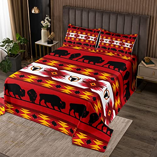 Erosebridal Aztec Bedspread Queen,Highland Cow Coverlet Set Cowgirl Cowboy Bull Cattle Southwest Native Quilted Indian Tribal GeometryQuilt Set Farmhouse Wildlife Boho Decor Red Black Yellow