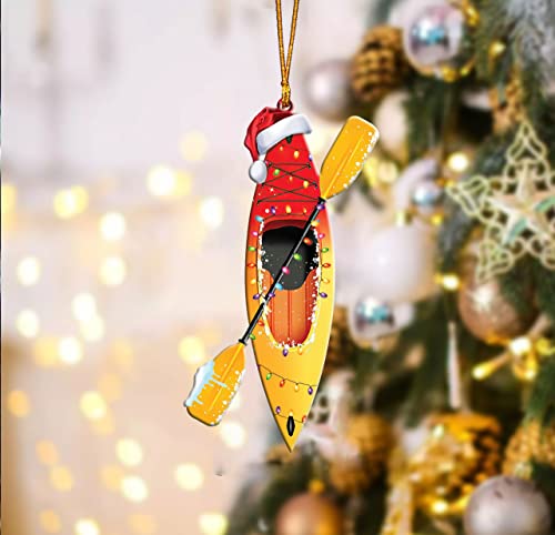 Kayak with String Light Red Santa Hat Kayaker Kayaking Lover Gift Christmas Tree Ornament Decor Clear Plastic Hanging Decoration House Present Xmas Eve Keepsake Decorative, Gold,red