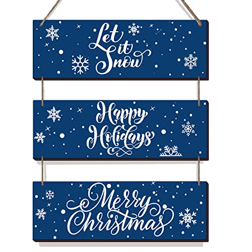 3 Pieces Christmas Wood Wall Decor Rustic Blue Snowflake Wall Hanging Decor Let It Snow Wall Decor Merry Christmas Wooden Ornaments Happy Holidays Sign for Front Door Porch Indoor Outdoor Home Decor
