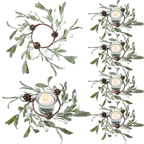 6 Pieces Christmas Pillar Candle Rings Frosted Mistletoe Wreaths with Pearl Accents Artificial Wreath Holiday Candle Rings for Holiday Parties and Home Decor