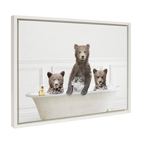 Kate and Laurel Sylvie Three Bears In Bubble Bath Neutral Style Framed Canvas Wall Art by Amy Peterson Art Studio, 18×24 White, Cute Animal Art Wall Décor