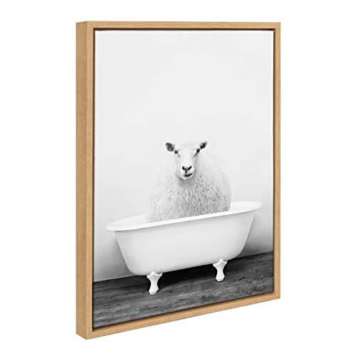 Kate and Laurel Sylvie Sheep in Vintage Tub Framed Canvas Wall Art by Amy Peterson Art Studio, 18×24 Natural, Chic Animal Art for Bathroom Wall Décor