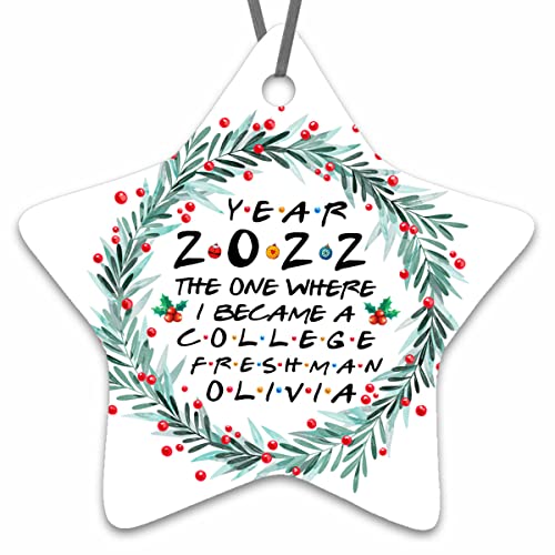 Kobalo Year 2022 The One Where I Became a College Freshman Personalized Christmas Ornament Souvenir to Boy Girl on Back to School 3.25 Inches Star Ceramic Decor Hanging Ornament
