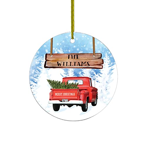 Personalized Family Christmas Ornaments | Rustic Ornament With Red Truck And Green Tree 2022 First XMAS Ornament | Cute Gift Wedding Presents For Newlywed | Ceramic Holiday Dcor