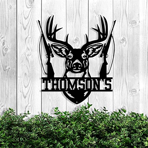 Custom Deer Head Metal Signs Elk Gun Metal Wall Art, Indoor Personalized Hunter Name Sign Hunting Camp Sign, Porch Patio Decor Antler Wall Decor Hunting Cabin Decor Hunting Gift for Men 16 inch