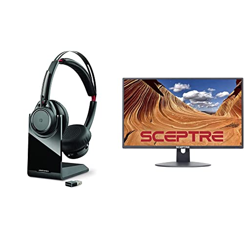 Plantronics – Voyager Focus UC with Charge Stand (Poly) & Sceptre 24″ Professional Thin 75Hz 1080p LED Monitor 2X HDMI VGA Build-in Speakers, Machine Black (E248W-19203R Series)